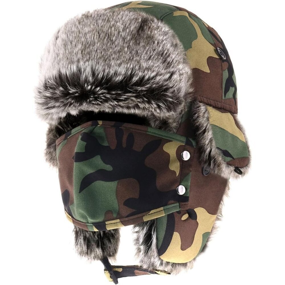 Men  Wood Camo Unisex Waterproof Ushanka Trapper Hat with Ear Flaps & Chin Strap